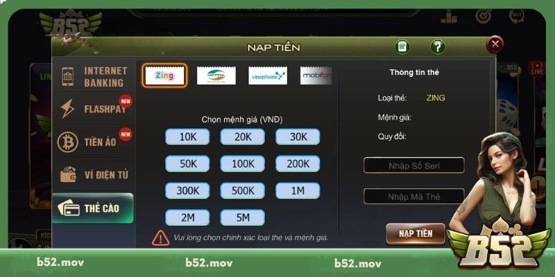 Nạp tiền B52 bằng thẻ cào điện thoại tiện lợi